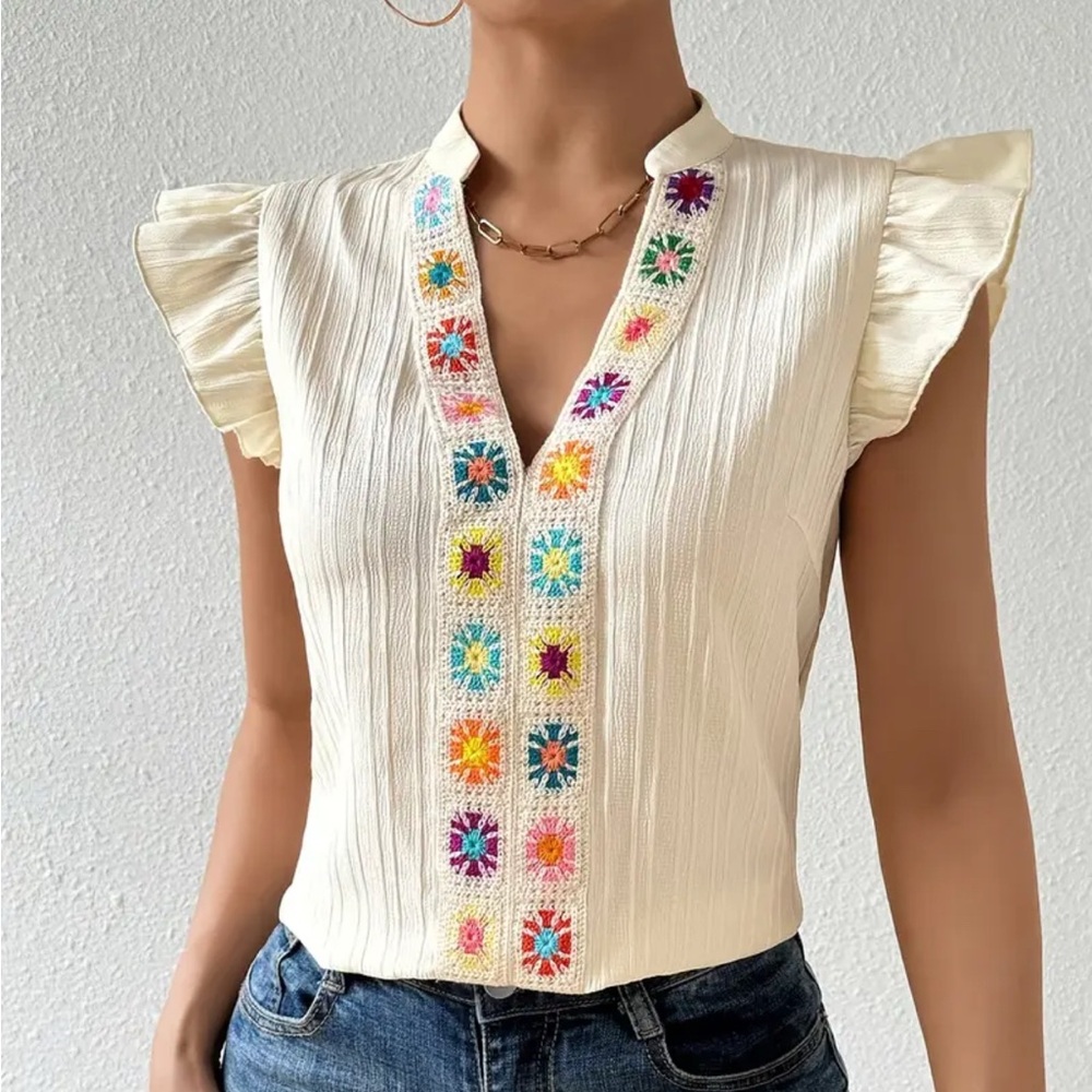 Embroidered Colorful Floral Accents Cream Short Ruffle Sleeve Top